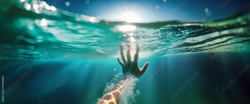 Reaching for the Surface Underwater. A single hand reaches towards the sunlight piercing through the water's surface, depicting a struggle for air