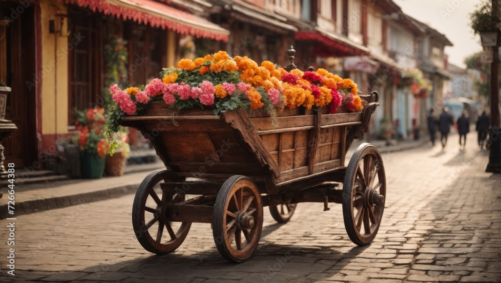 Flowers in a wooden cart