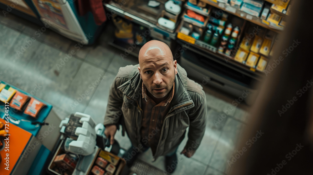 Petrol Station Checkout Scene: Mature Bald Customer Pays