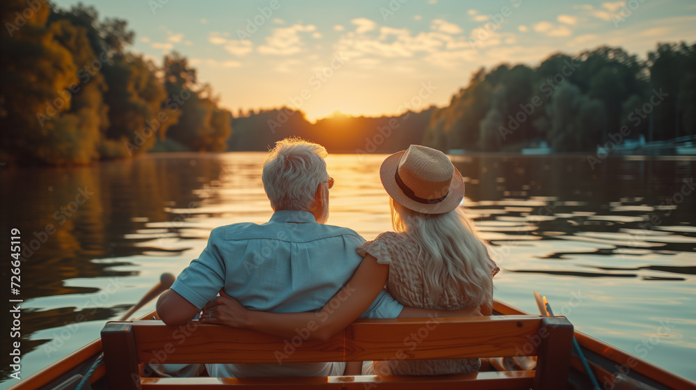 Senior Couple Embracing Love and Nature on a Serene Boat Ride at Sunset. Senior Couple Embracing Love and Nature on a Serene Boat Ride at Sunset.