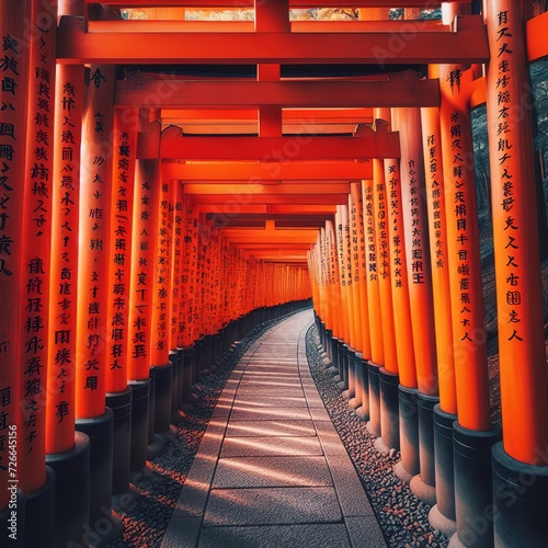 The red torii gates walkway path at fushimi inari taisha shrine the one of attraction landmarks for tourist in Kyoto, Japan photo