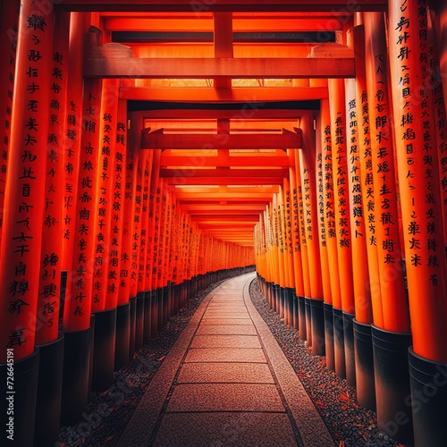 The red torii gates walkway path at fushimi inari taisha shrine the one of attraction landmarks for tourist in Kyoto, Japan