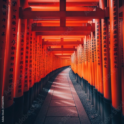 The red torii gates walkway path at fushimi inari taisha shrine the one of attraction landmarks for tourist in Kyoto, Japan photo