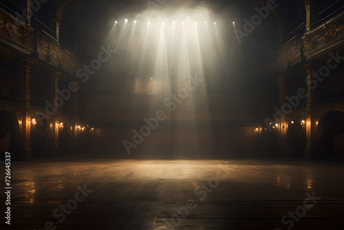 An empty stage with illuminated bright spotlights and a smoke effect , There is empty space in the stage background for copy space and text 