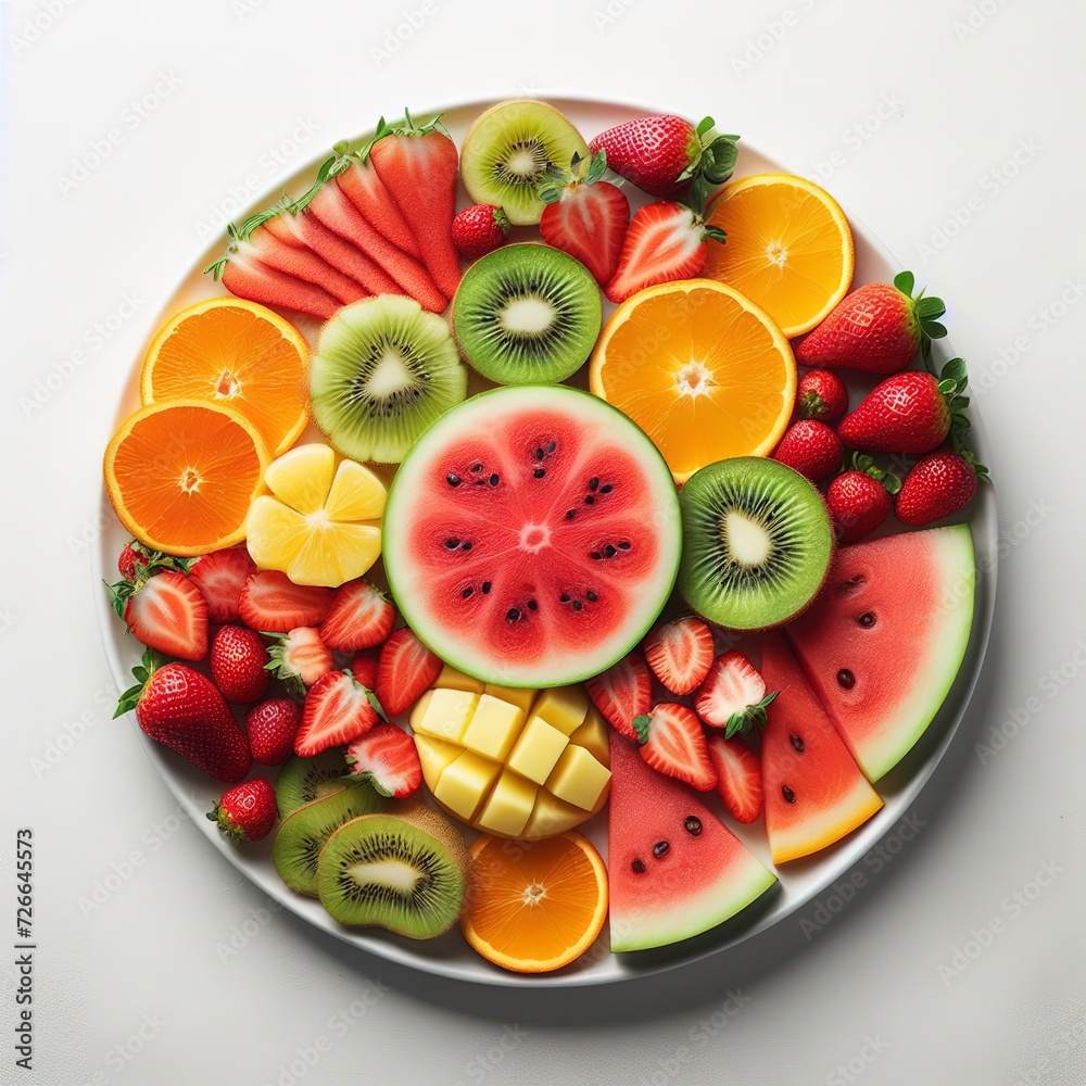 various sliced fruits on white background
