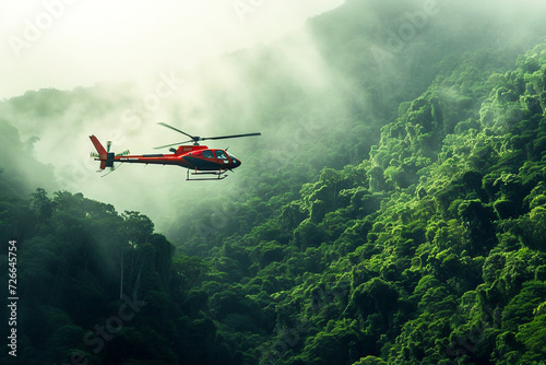Rescue helicopter flying above rainforest searching missing person incident . Saving forests, fighting forest fires . photo