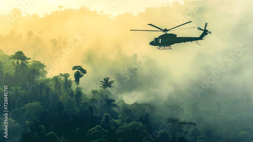 Rescue helicopter flying above rainforest searching missing person incident . Saving forests  fighting forest fires .
