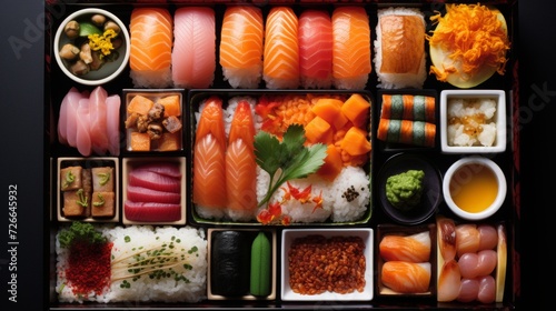 Artful arrangement of a bento box, highlighting the variety of ingredients, textures, and colors in a visually appealing composition