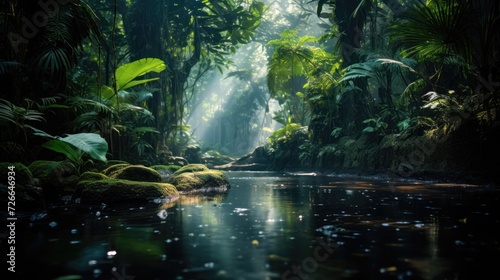 Gorgeous Scenery of a Green Tropical Forest with a River in the Center