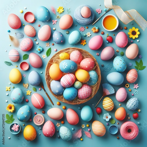 top view of colorful painted easter eggs on blue background
