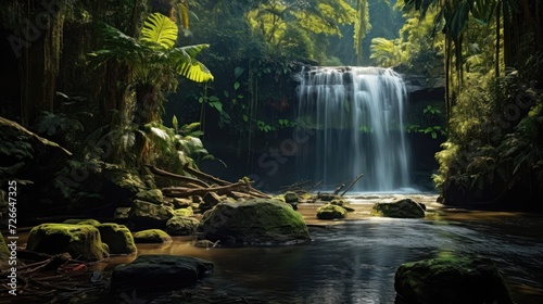 In midday, a tropical forest with a waterfall © tydeline