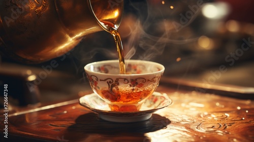 Mid-pour shot of tea being poured into a cup, showcasing the cultural and ceremonial aspect of Asian tea traditions © Cloudspit