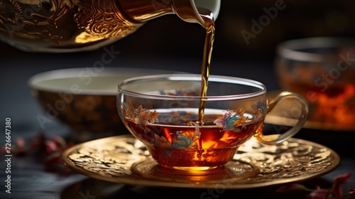 Mid-pour shot of tea being poured into a cup, showcasing the cultural and ceremonial aspect of Asian tea traditions © Cloudspit
