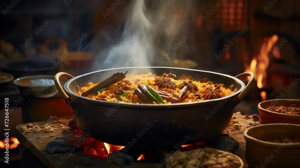 Fototapeta premium Mid-stir shot of a curry being prepared in a traditional cauldron, emphasizing the blend of aromatic spices