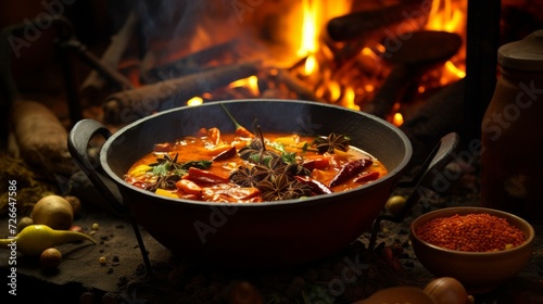 Mid-stir shot of a curry being prepared in a traditional cauldron, emphasizing the blend of aromatic spices © Cloudspit