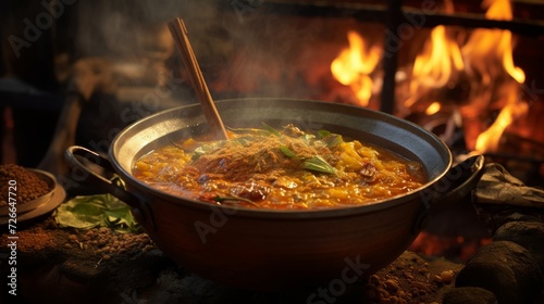 Mid-stir shot of a curry being prepared in a traditional cauldron, emphasizing the blend of aromatic spices