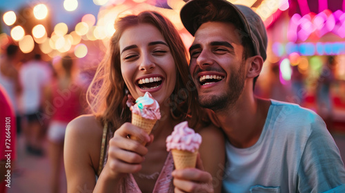 Happiness in Every Scoop: Young Couple Cherishing Ice Cream Delicacies