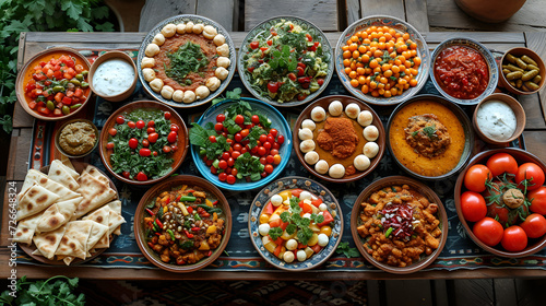 Ramadan iftar table with lots of food Arabic style