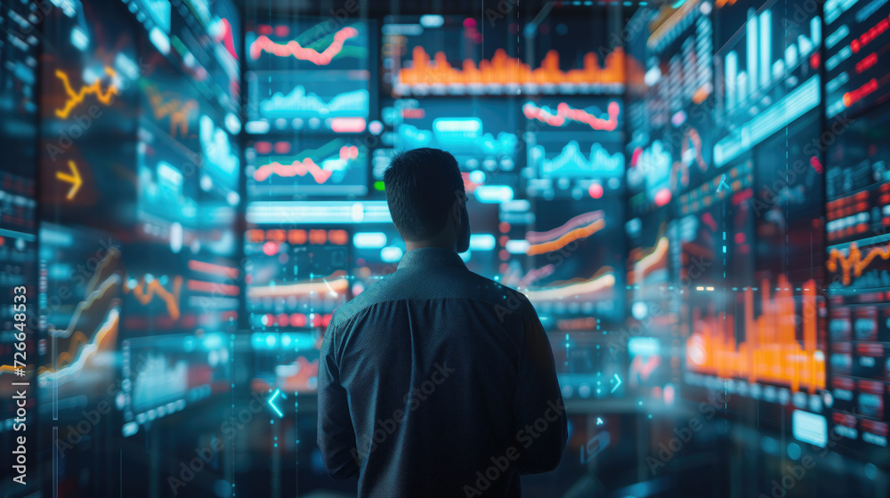 Portfolio manager overseeing financial investment accounts, following stock market global exchange trends. surrounded by digital screens displaying statistics and graphs, generative ai Portfolio manager overseeing financial investment accounts, following stock market global exchange trends. surrounded by digital screens displaying statistics and graphs, generative ai