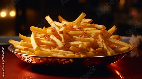 French fries in a decorative bowl with bokh background