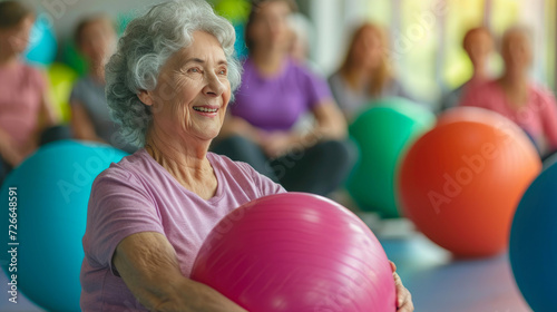 Aging Gracefully: Active Senior Leads Gymnastic Ball Activity © AIproduction
