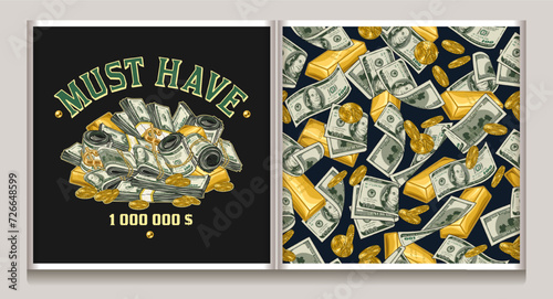 Money seamless pattern, label with heap of 100 US dollar bills, gold one dollar coins, ingots of pure gold. Detailed vintage vector illustration. Concept of wealth, success. Not AI