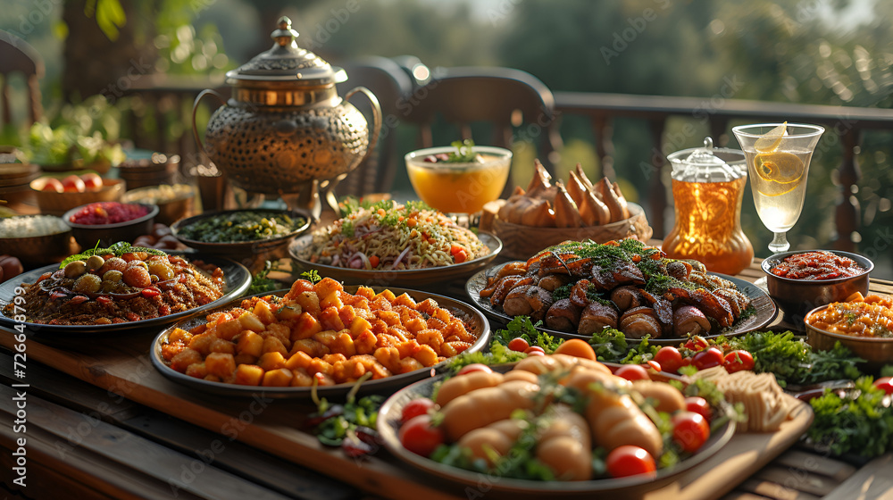 Ramadan iftar table with lots of food Arabic style