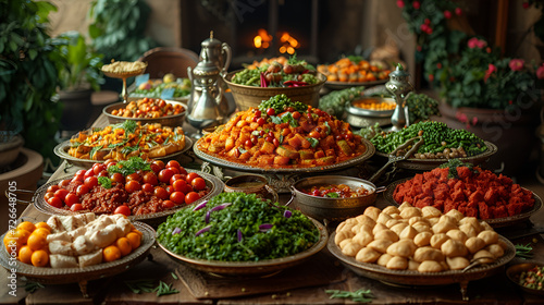 Ramadan iftar table with lots of food Arabic style