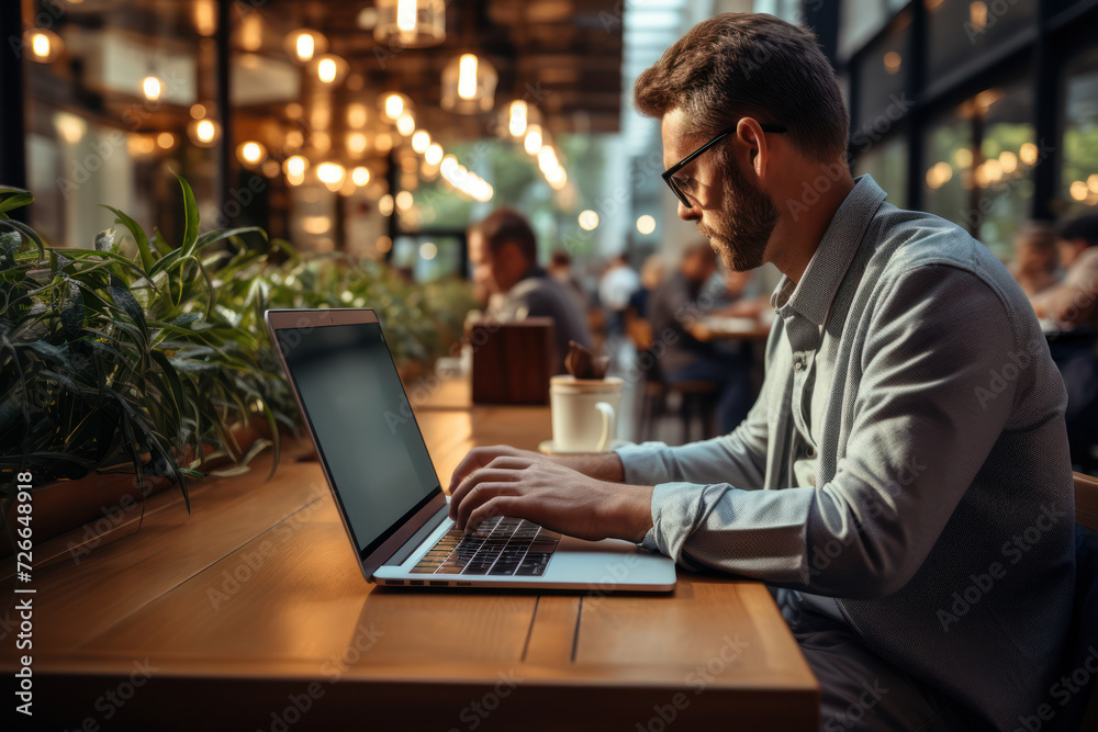 A person typing on a laptop in a coffee shop, showcasing the flexibility and mobility of modern remote work. Generative Ai. A person typing on a laptop in a coffee shop, showcasing the flexibility and mobility of modern remote work. Generative Ai.