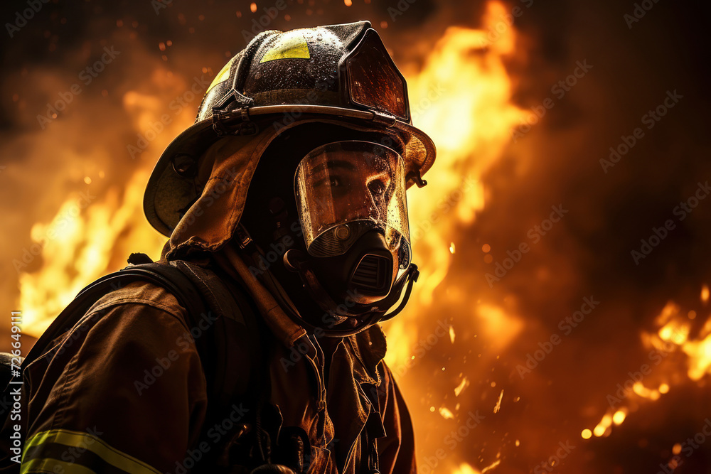 A firefighter in action, symbolizing courage and selflessness in the face of danger in the field of emergency services. Generative Ai. A firefighter in action, symbolizing courage and selflessness in the face of danger in the field of emergency services. Generative Ai.