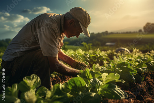 A farmer tending to crops in a sunlit field, highlighting the hard work and dedication required in agriculture. Generative Ai. photo