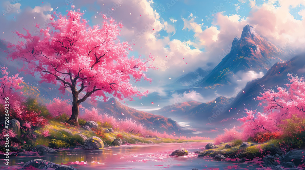 Obraz premium Beautiful idyllic view, oil painting of trees covered with flowers with mountains in the background.