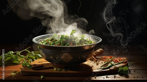 Pouring steaming broth over a bowl of pho, capturing the noodles, herbs, and meats in motion © Cloudspit