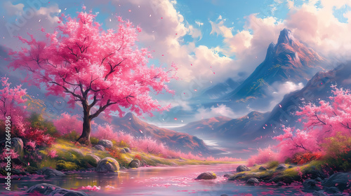 Beautiful idyllic view  oil painting of trees covered with flowers with mountains in the background.