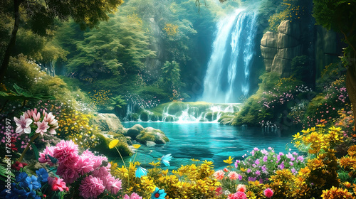 Fantasy waterfall with trees and beautiful flowers  idyllic landscape