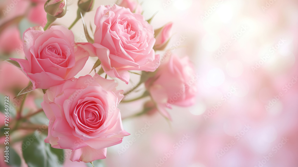 Pink roses background, many light pink flowers on a blurred background. Pink roses background, many light pink flowers on a blurred background.