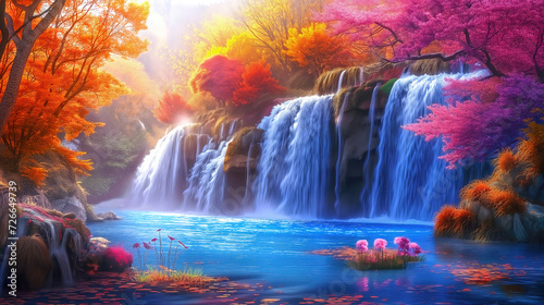 Fantasy waterfall with autumn trees and beautiful flowers, idyllic landscape © Cobalt