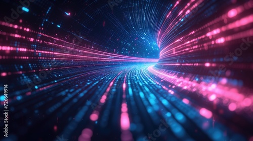 Abstract futuristic technology abstract background with lines for network, big data, data center, server, internet, speed. dark blue and pink neon lights into digital technology tunnel, generative ai