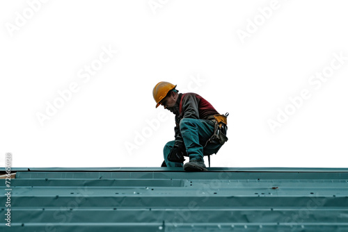 Construction worker working on top roof isolated on transparent white background.
