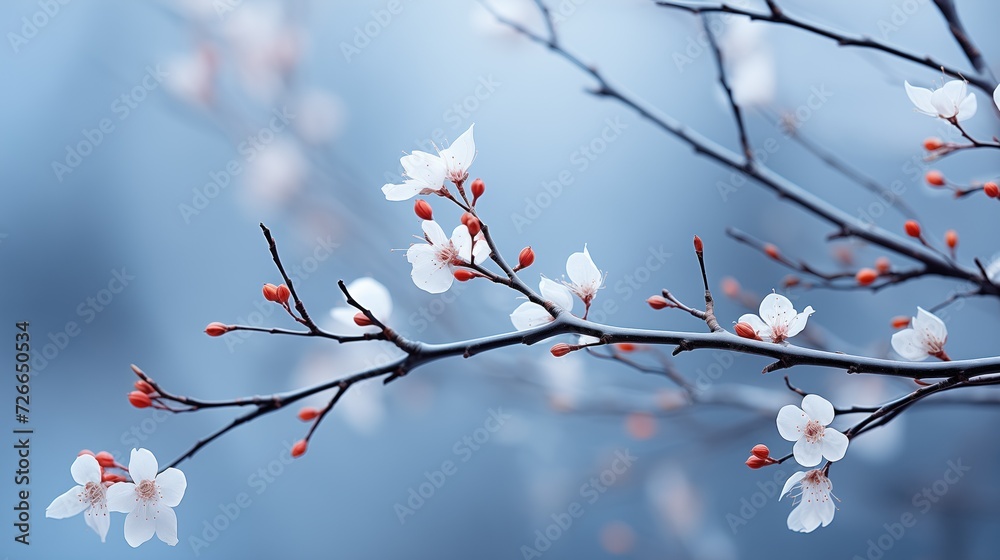 Fototapeta premium Delicate white flowers bloom on a stark branch, heralding spring against a soft blue backdrop, heralding 