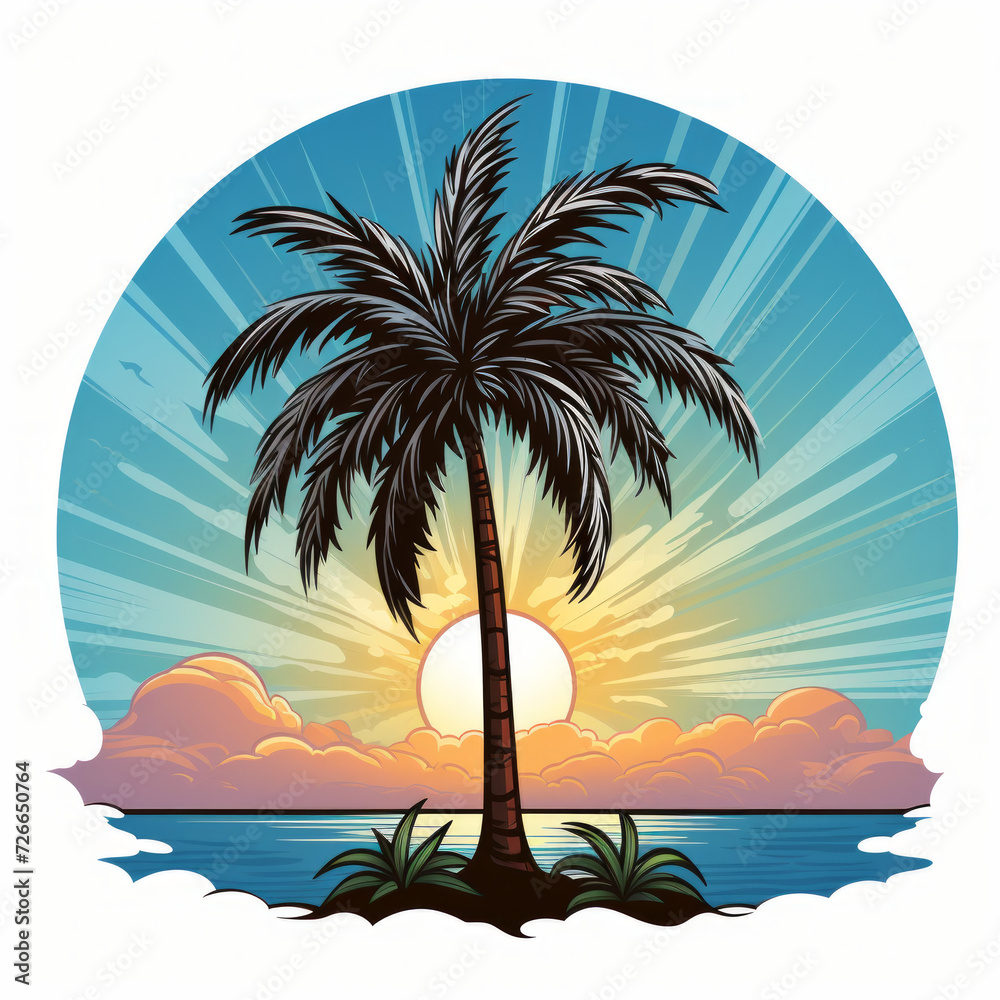Tropical Sunset with Palm Tree Illustration

