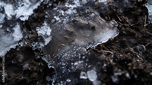 Close up, Winter thaw, glistening frozen ice melts into dark soil, nature showcasing the change from winter to spring © DigitalArt