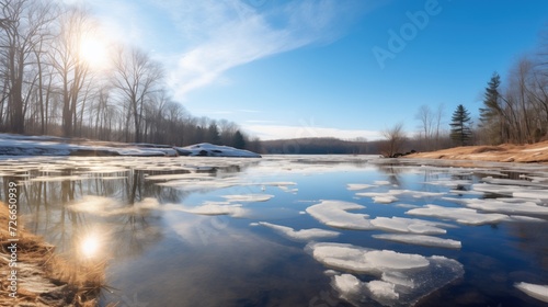 A serene thawing lake with floating ice patches reflects the clear blue sky and the awakening of spring.