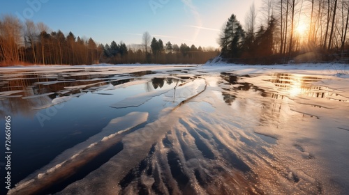 Sunrise glimmers over a partially frozen lake, melting ice revealing tranquil waters, a serene winter-to-spring transition. © DigitalArt