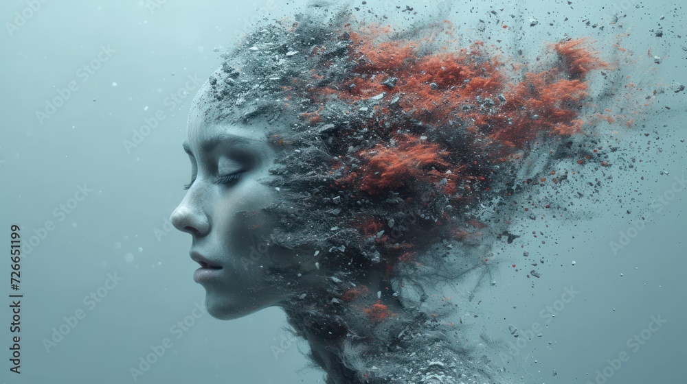 a close up of a woman's face with a lot of bubbles coming out of her head and hair blowing in the wind on a gray background of water. a close up of a woman's face with a lot of bubbles coming out of her head and hair blowing in the wind on a gray background of water.
