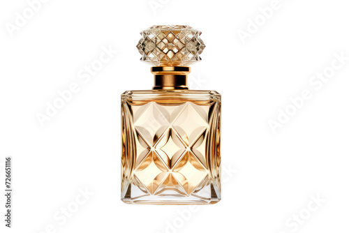 Beautiful luxury golden perfume bottle isolated on white transparent background.
