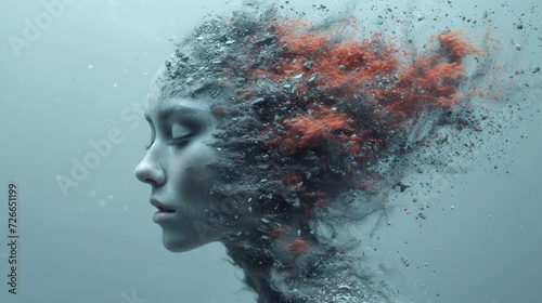  a close up of a woman's face with a lot of bubbles coming out of her head and hair blowing in the wind on a gray background of water.