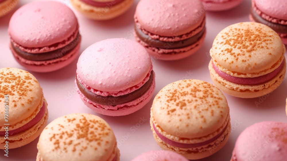  a group of pink and brown macaroons sitting on top of a white counter top with sprinkles on the top of the macaroons and the macaroons.