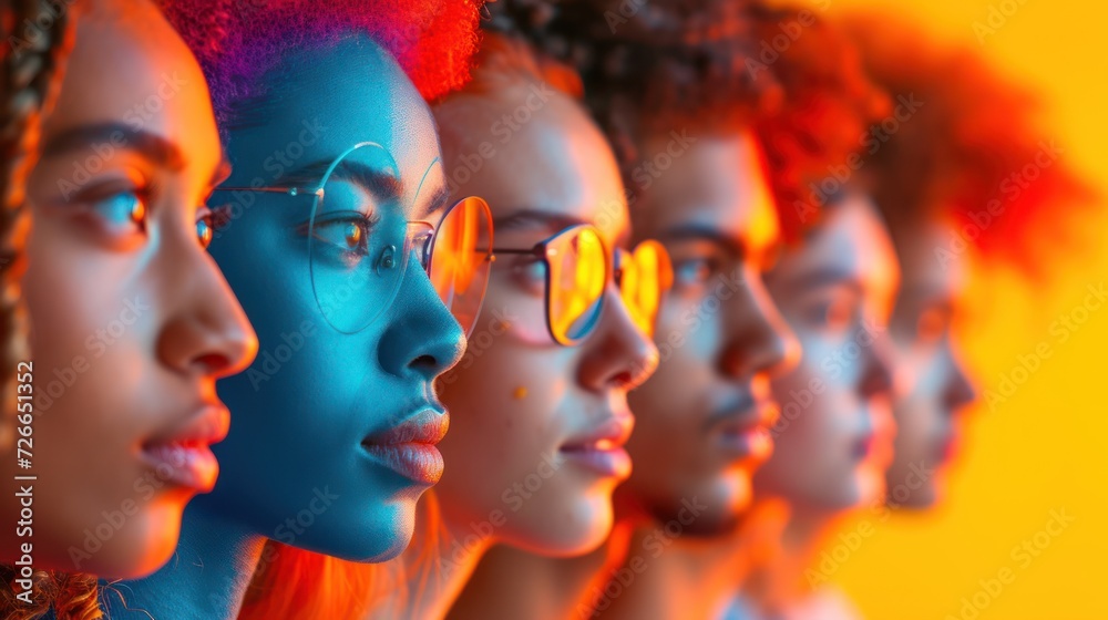 a group of women with different colored hair and glasses are lined up in a row with their faces painted blue, red, orange, yellow, pink, and blue. a group of women with different colored hair and glasses are lined up in a row with their faces painted blue, red, orange, yellow, pink, and blue.