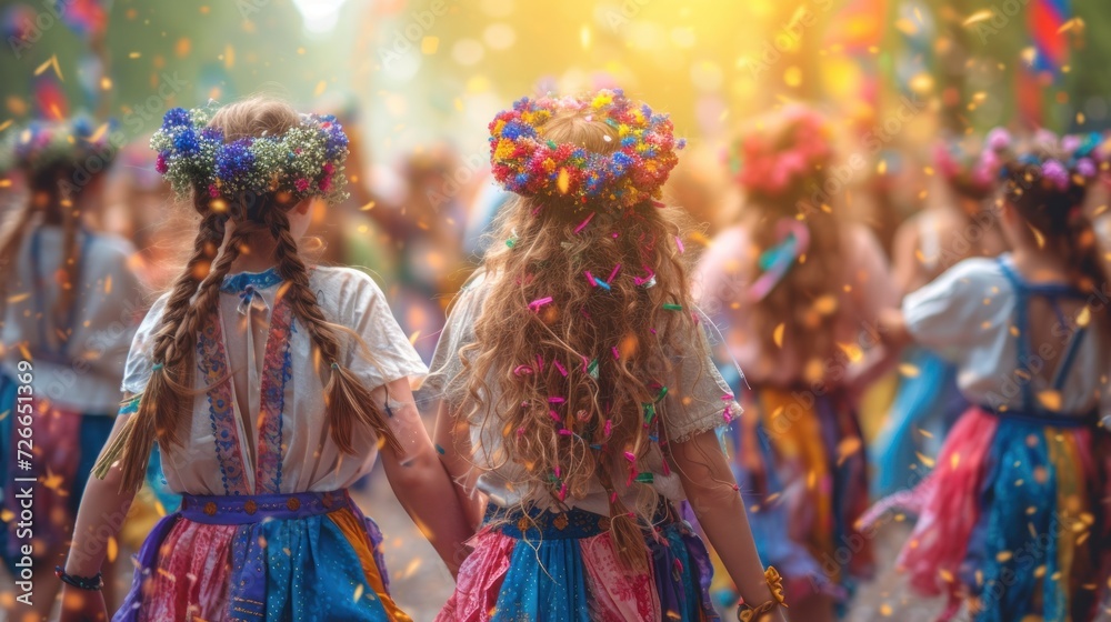 two young girls walking down a street with confetti in their hair and colorful dresses and colorful streamers of confetti all over their heads and shoulders. two young girls walking down a street with confetti in their hair and colorful dresses and colorful streamers of confetti all over their heads and shoulders.